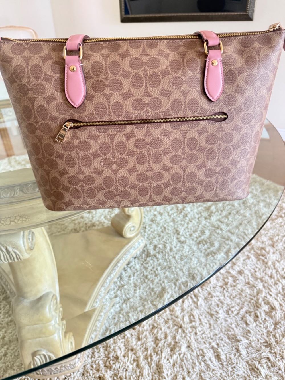 Coach Gallery Tote Khaki Pink Signature Canvas Leather Bag NEW - Picture 5 of 13